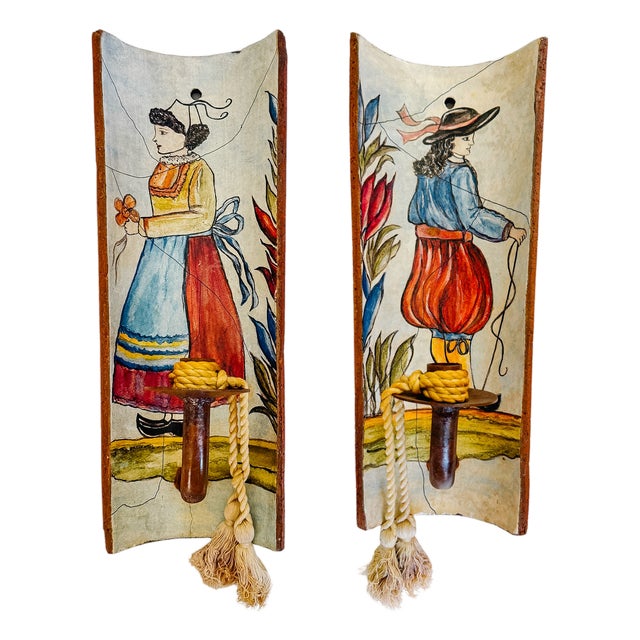 1980s French Provincial Terracotta Tile Candle Sconces With Breton Folk Figures - A Pair For Sale