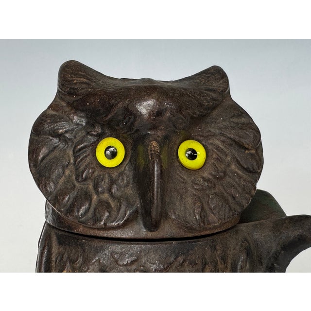 Metal 1880 Cast Iron Mechanical Owl Coin Bank With a Turning Head and Glass Eyes For Sale - Image 7 of 13