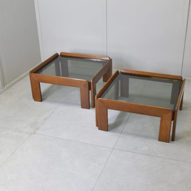 Cassina Italian Walnut and Smoked Glass Coffee Tables by Afra & Tobia Scarpa, 1970s, Set of 2 For Sale - Image 4 of 9