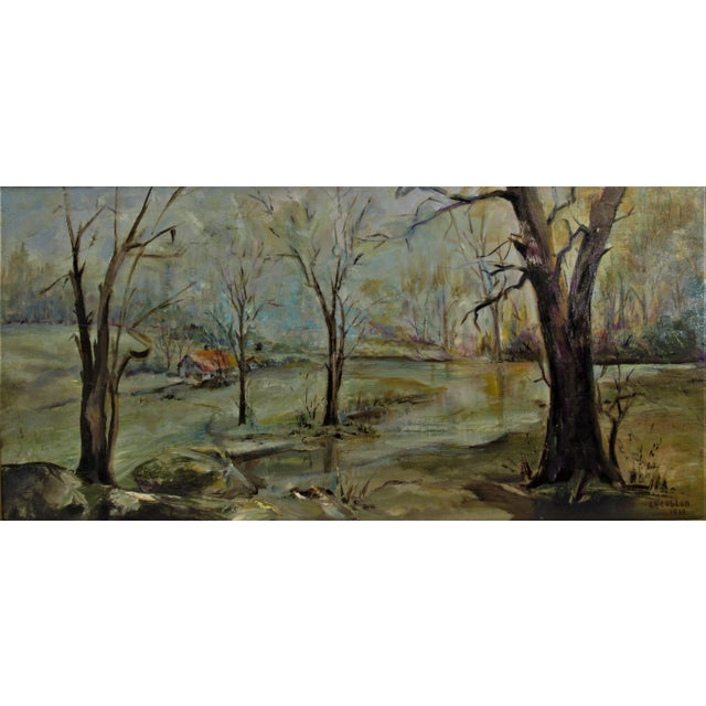 This artwork " Landscape with Trees and House" 1969 is a oil painting on canvas by Russian artist Irina Belotelkin Roublon...