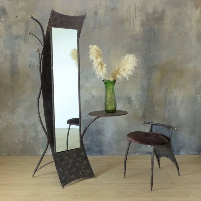 Metal Brutalist Metal Mirror with Side Chair For Sale - Image 7 of 12