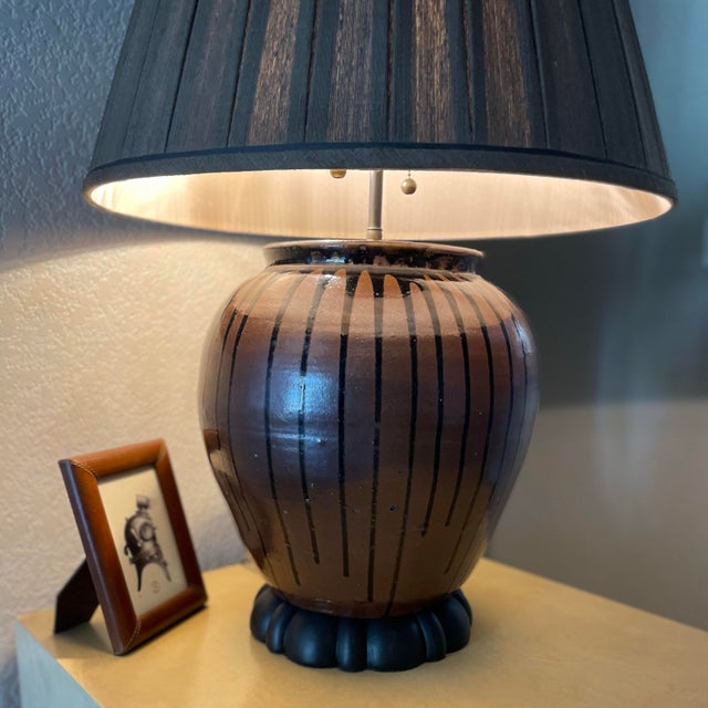 Early 19th Century 19th Century Japanese Ceramic Drip Glazed Chocolate Lamp With Original Silk Lamshade For Sale - Image 5 of 12