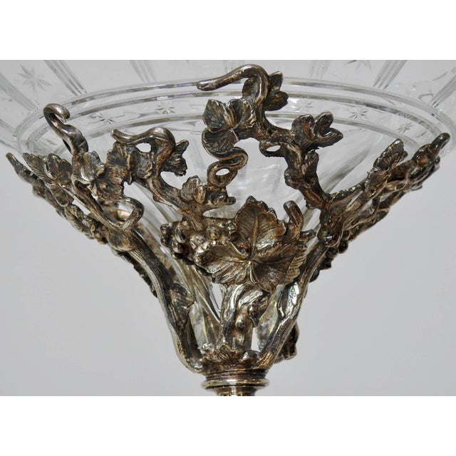 Metal Art Nouveau Four-Arm Silver Plate Epergne Candelabra With Engraved Glass Bowl For Sale - Image 7 of 11