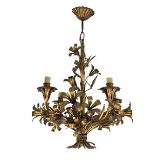 Four-Light Chandelier in Gold-Colored Wrought Iron, Italy, 1950 For Sale
