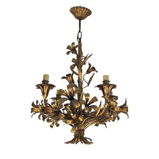 Four-Light Chandelier in Gold-Colored Wrought Iron, Italy, 1950 For Sale