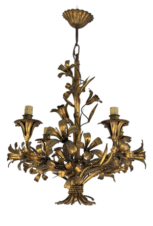 Four-Light Chandelier in Gold-Colored Wrought Iron, Italy, 1950