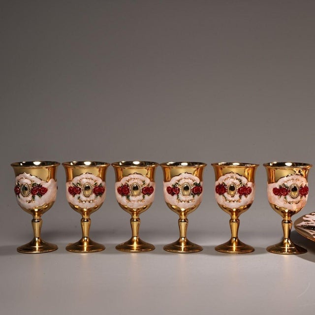Vintage Gilt and Enamel Liqueur Set With Floral Motif and Tray For Sale - Image 4 of 9