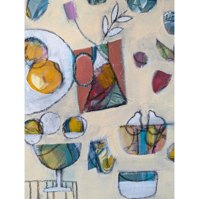 Textile Contemporary 'The Party' Original Abstract Still Life Acrylic and Oil Pastel Painting, Framed For Sale - Image 7 of 8