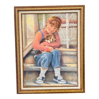 1970s Original Art Painting Puppy Love by Sydelle Sher For Sale