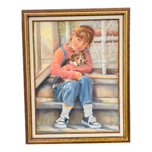 1970s Original Art Painting Puppy Love by Sydelle Sher