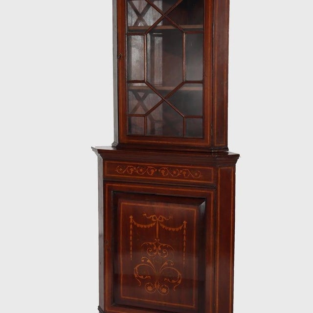 Diminutive Antique Classical Mahogany & Satinwood Inlaid Corner Cabinet C1900 For Sale - Image 4 of 13