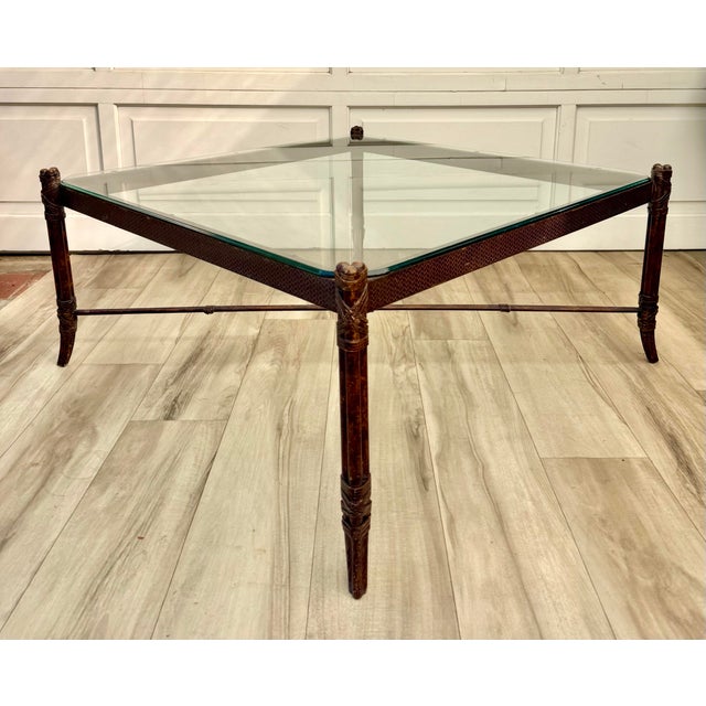 Faux Bamboo Metal Leather Coffee Table For Sale - Image 12 of 16