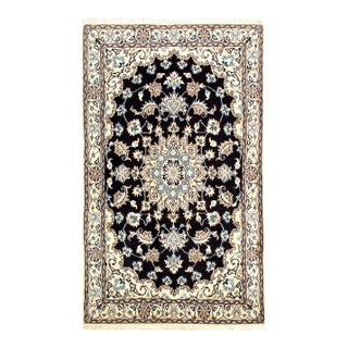 Pasargad DC Navy Blue Fine Hand Knotted Silk & Wool Nain Rug For Sale