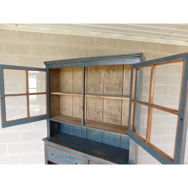 Primitive Shaker Style Paint Distressed Step Back Cabinet by Ezra G Tiffin Ohio For Sale - Image 12 of 18