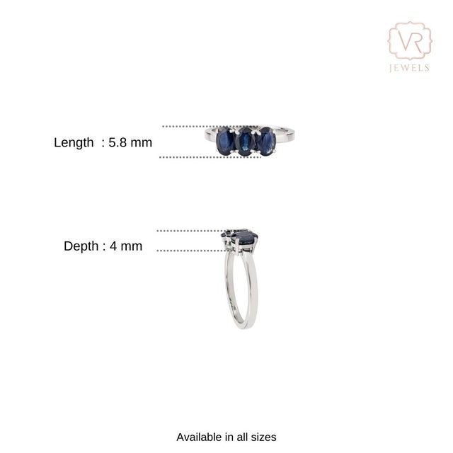 Modern 2 Carat Oval Cut Deep Blue Sapphire Three Stone Ring in 14k White Gold Size 6.5 For Sale - Image 10 of 15