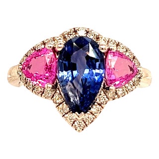 Natural Sapphire Diamond Ring 14k Gold 3.43 TCW Certified, Size 6.5 For Sale