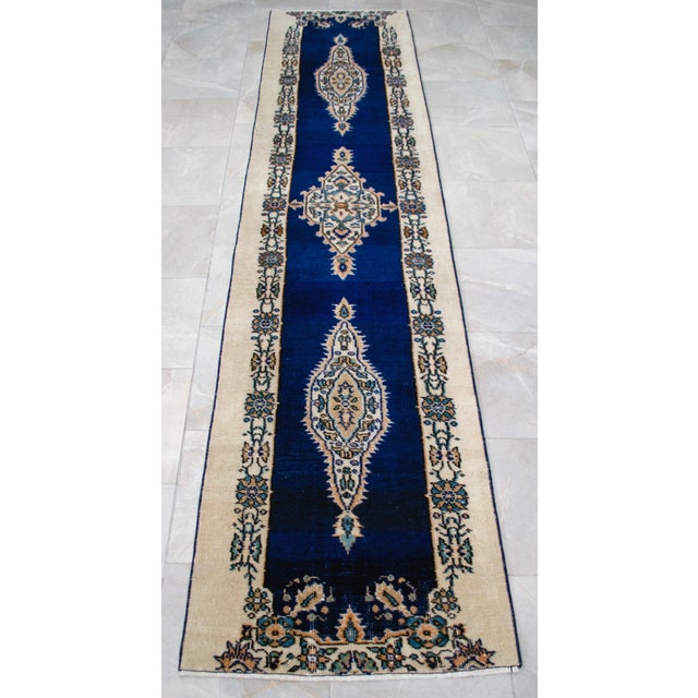 Hand-Knotted Runner Rug Navy Blue Rustik Hallway Decor Oushak Rug 3x11 Ft Approx For Sale - Image 12 of 13