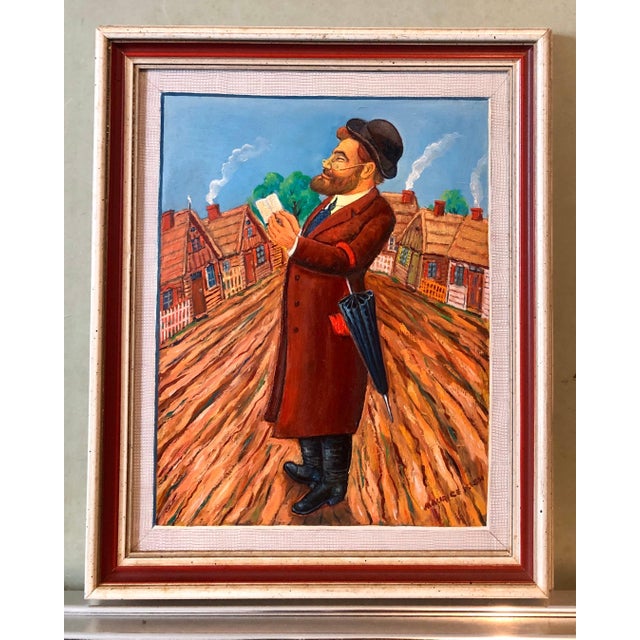 Maurice Kish, Whimsical Judaica Shtetl Shadchan Matchmaker Oil Painting WPA Jewish Folk Artist, 20th.c For Sale - Image 9 of 9