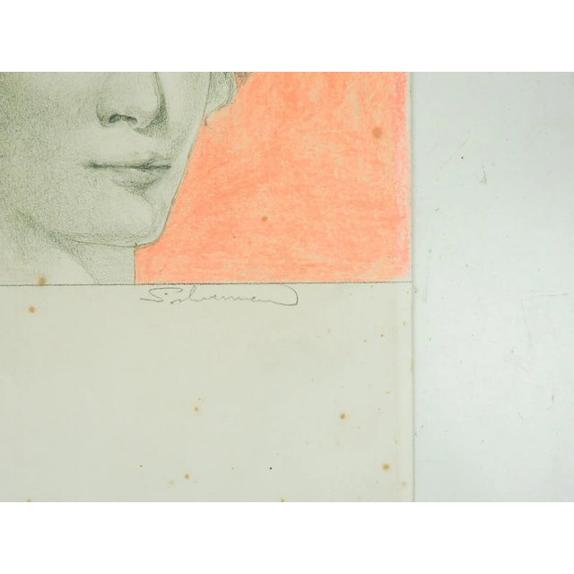 Vintage mid 20th century pencil on paper portrait drawing of woman with neon orange background. Signed Silverman bottom...
