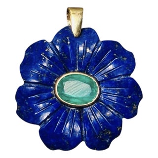 Flora Pendant, Lapis Flower With Emerald & 14k Gold For Sale
