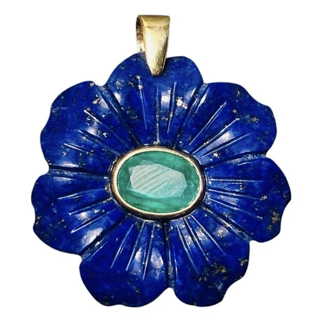 Flora Pendant, Lapis Flower With Emerald & 14k Gold For Sale