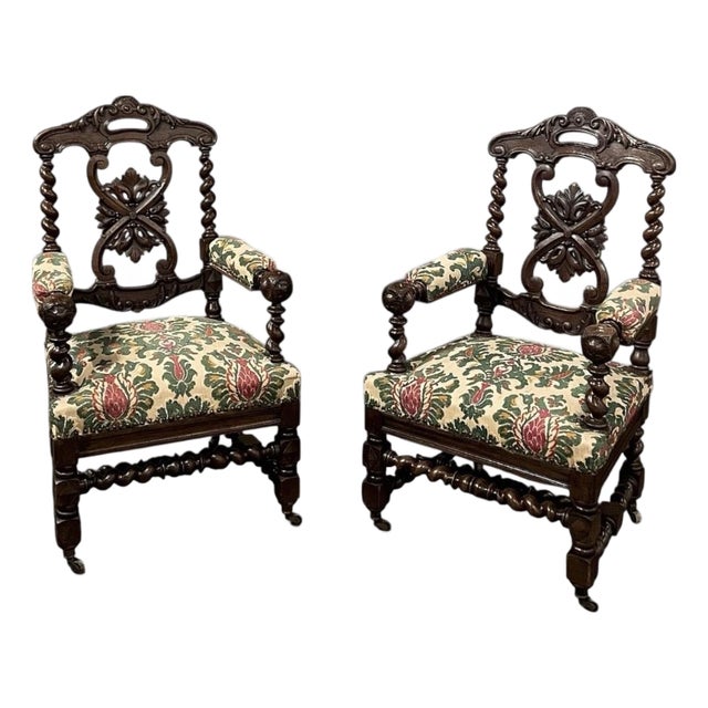 Pair 19th Century Renaissance Revival / Louis XIII Style Barley Twist Armchairs in Solid Oak For Sale