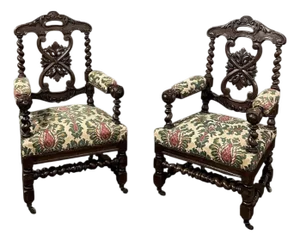Pair 19th Century Renaissance Revival / Louis XIII Style Barley Twist Armchairs in Solid Oak