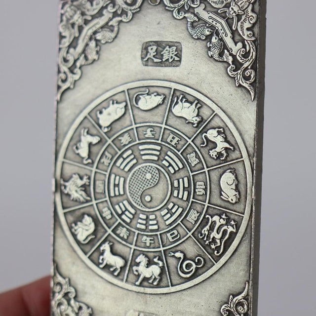 Four Antique Chinese Engraved White Metal Scroll/Book Weights C1900 For Sale - Image 4 of 4