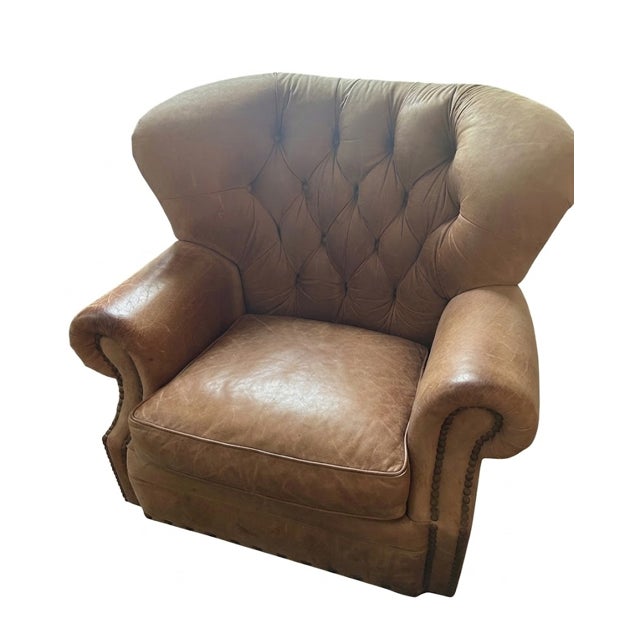 Vintage Bradington-Young Hand-Brushed Aniline Leather Tufted English Club Suite With Wingback Chair, Ottoman and Loveseat For Sale - Image 13 of 14