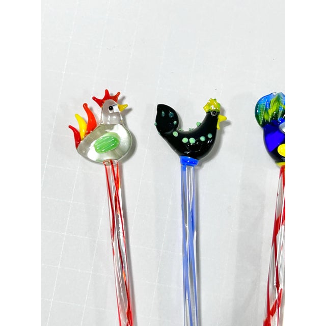 Figurative 1990s Hand-Blown Glass Rooster Swizzle Sticks – Set of 6 For Sale - Image 3 of 8
