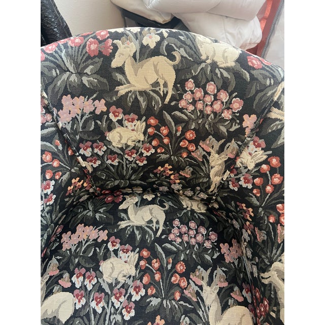 Textile Vintage St. Timothy Hickory Barrel-Back Club Chair on Brass Casters – Floral Tapestry & Nailhead Trim For Sale - Image 7 of 9