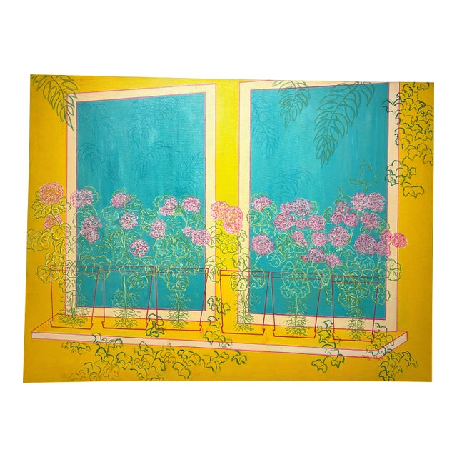 Vintage Bright Floral Acrylic Painting on Canvas by Molly Schiff For Sale