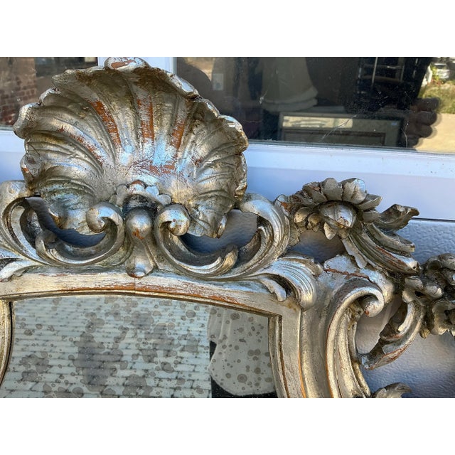 Wood Vintage Italian Carved Wood Silver Leafed Mirror For Sale - Image 7 of 8