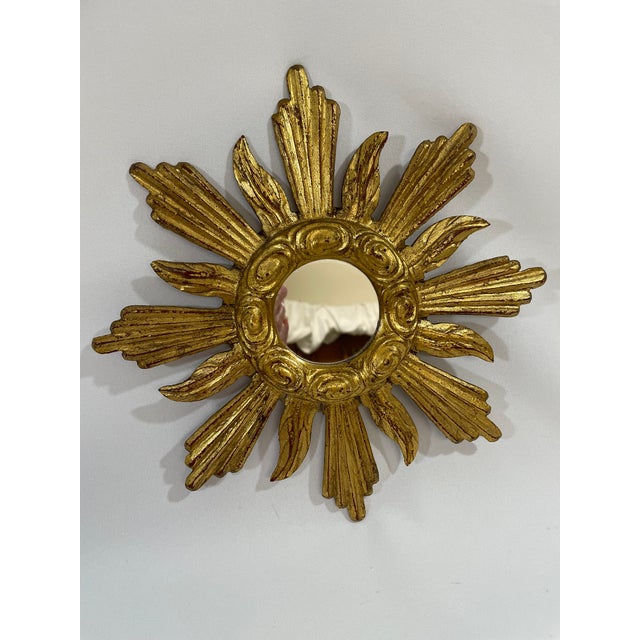 1950s French Petite 11" Giltwood Sunburst Wall Mirror For Sale - Image 10 of 18