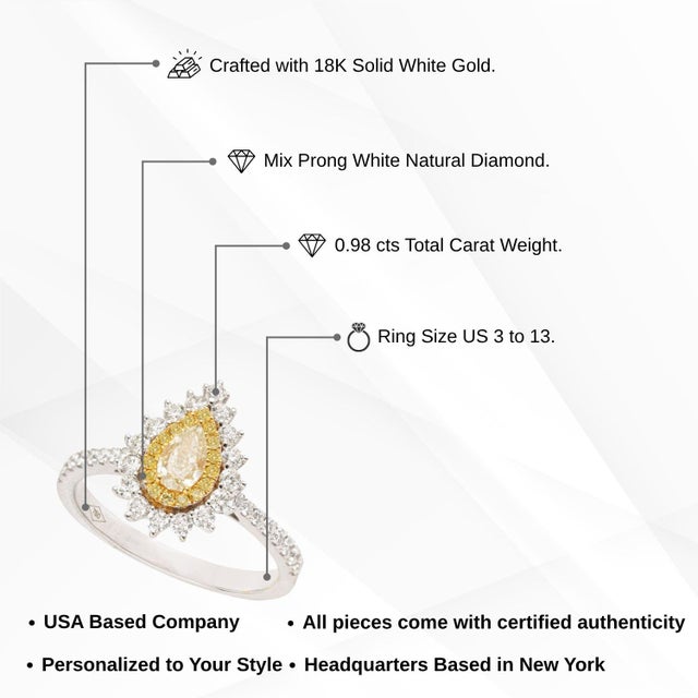 Transitional 1ct Yellow Diamond Double Halo 18k Gold Pear Engagement Ring Size 4 For Sale - Image 13 of 18