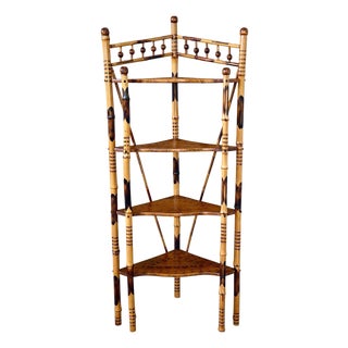 Antique Scorched Bamboo Four-Tier Corner Étagère Display Shelf For Sale