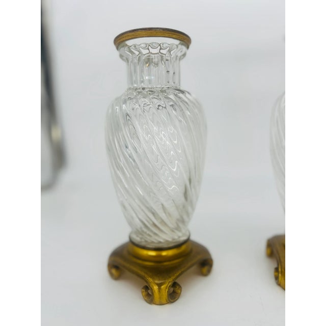 Bronze Pair, 19th Century Baccarat Swirl Pattern Bronze Ormolu Mounted Crystal Vases For Sale - Image 8 of 12