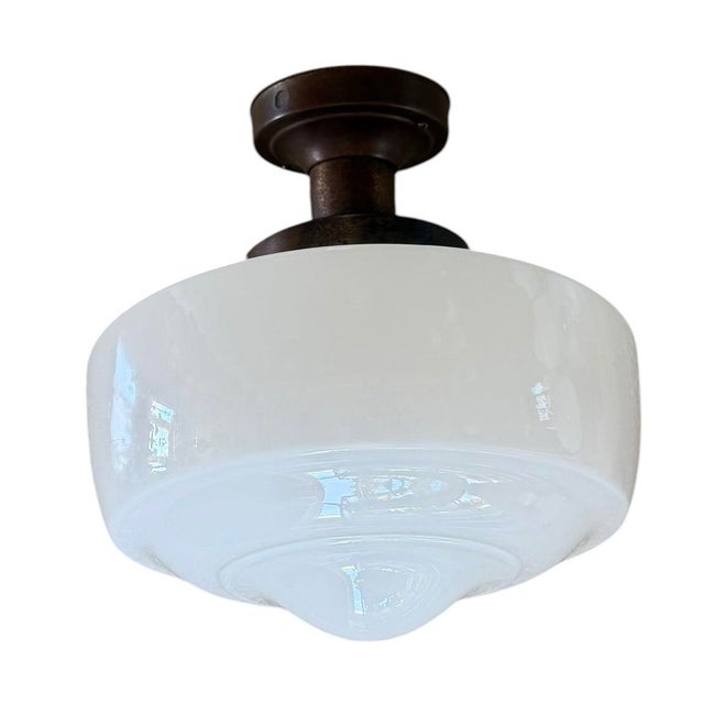 Antique Milkglass Flushmount Ceiling Light on Rustic Holder For Sale - Image 4 of 6