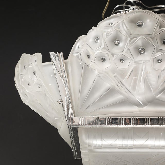 Art Deco Cubist Frosted Glass & Silvered Bronze Chandelier Signed Muller Freres For Sale - Image 14 of 18