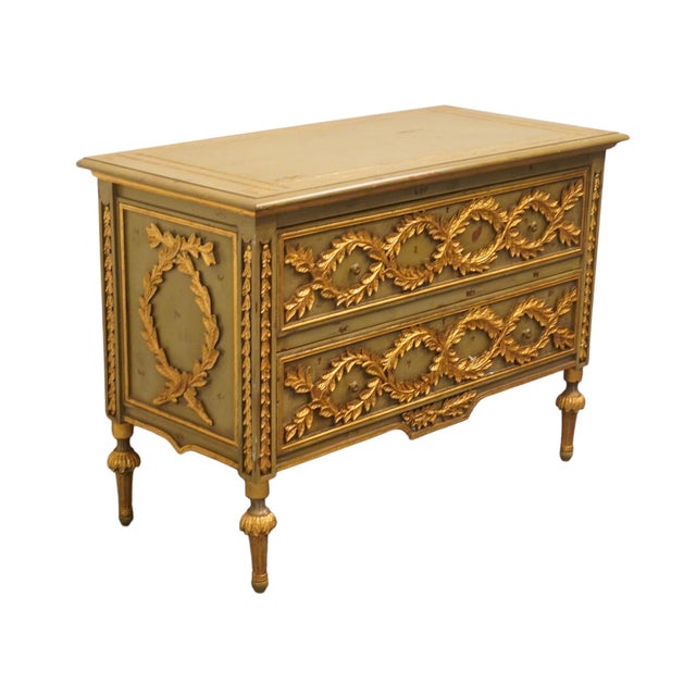 FURNITURE CLASSICS Louis XVI French Provincial 48" Green and Gold Media Chest w. Gilt Ormolu Style Decoration 34.5" High...