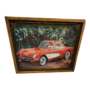 Vintage Intercraft Shadowbox Chevy Corvette Red Car Wall Clock 27x21 Inches
