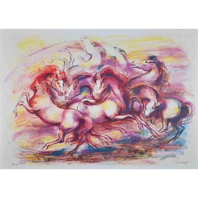 The Dance Of Horses is a beautiful colored lithograph on paper, realized in the 1980s by the artist Jovan Vulic (b. 1951)....