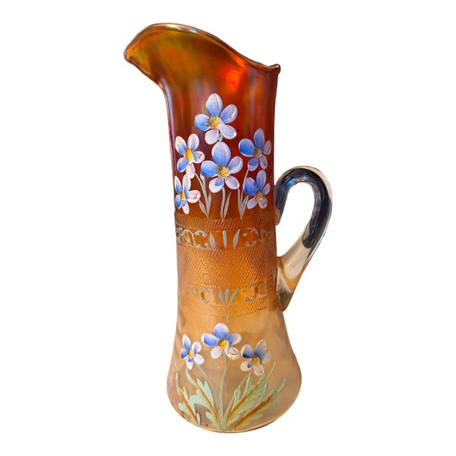 Antique Fenton Carnival Glass Pitcher "Forget-Me-Not" Iridescent Glass Ca. 1912 For Sale