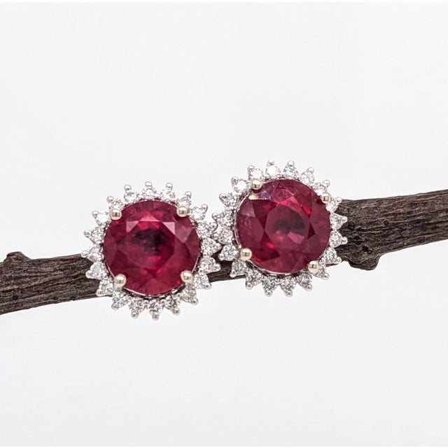 Modern 5.8cts Ruby Stud Earrings With Natural Diamonds Accents: Solid 14k Gold, 10mm For Sale - Image 3 of 9