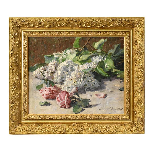 B. Vincendon, Art Nouveau Still Life with Roses and Lilacs, Oil on Canvas, 1905, Framed For Sale - Image 11 of 11