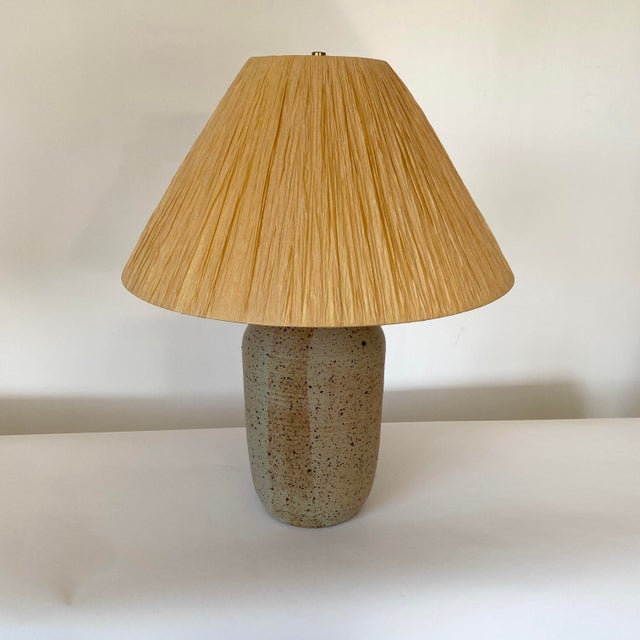 Vintage Signed Ceramic Table Lamp With Handmade Raffia Shade