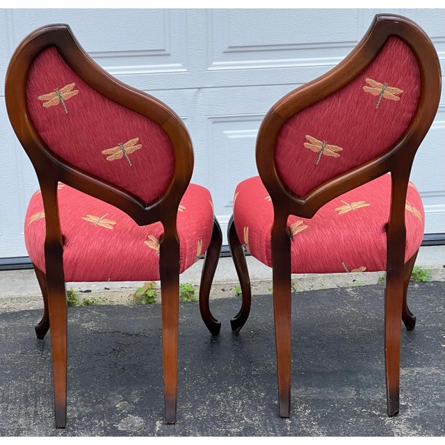 Pair of French Louis XV Style Balloon Back Chairs, Dragonfly Upholstery, Walnut Finish a Pair For Sale In Chicago - Image 6 of 12