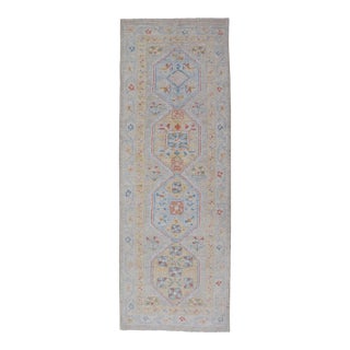 Hand-Knotted Medallion Oushak Design Runner Featuring Faded Yellow and Blue's For Sale