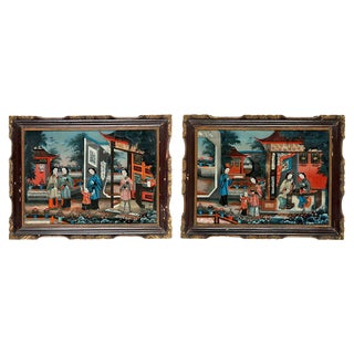 19th-Century Chinese Reverse-Painted Mirror Pictures, Set of 2 For Sale
