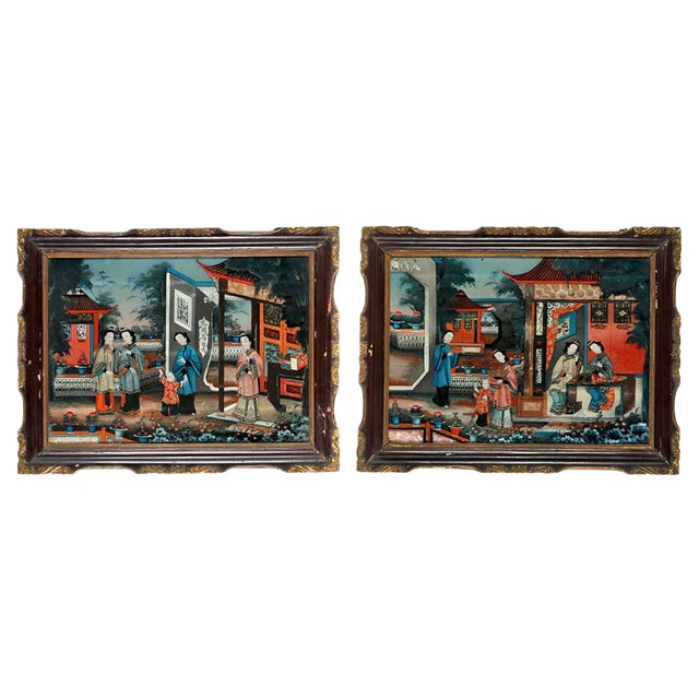 19th-Century Chinese Reverse-Painted Mirror Pictures, Set of 2 For Sale